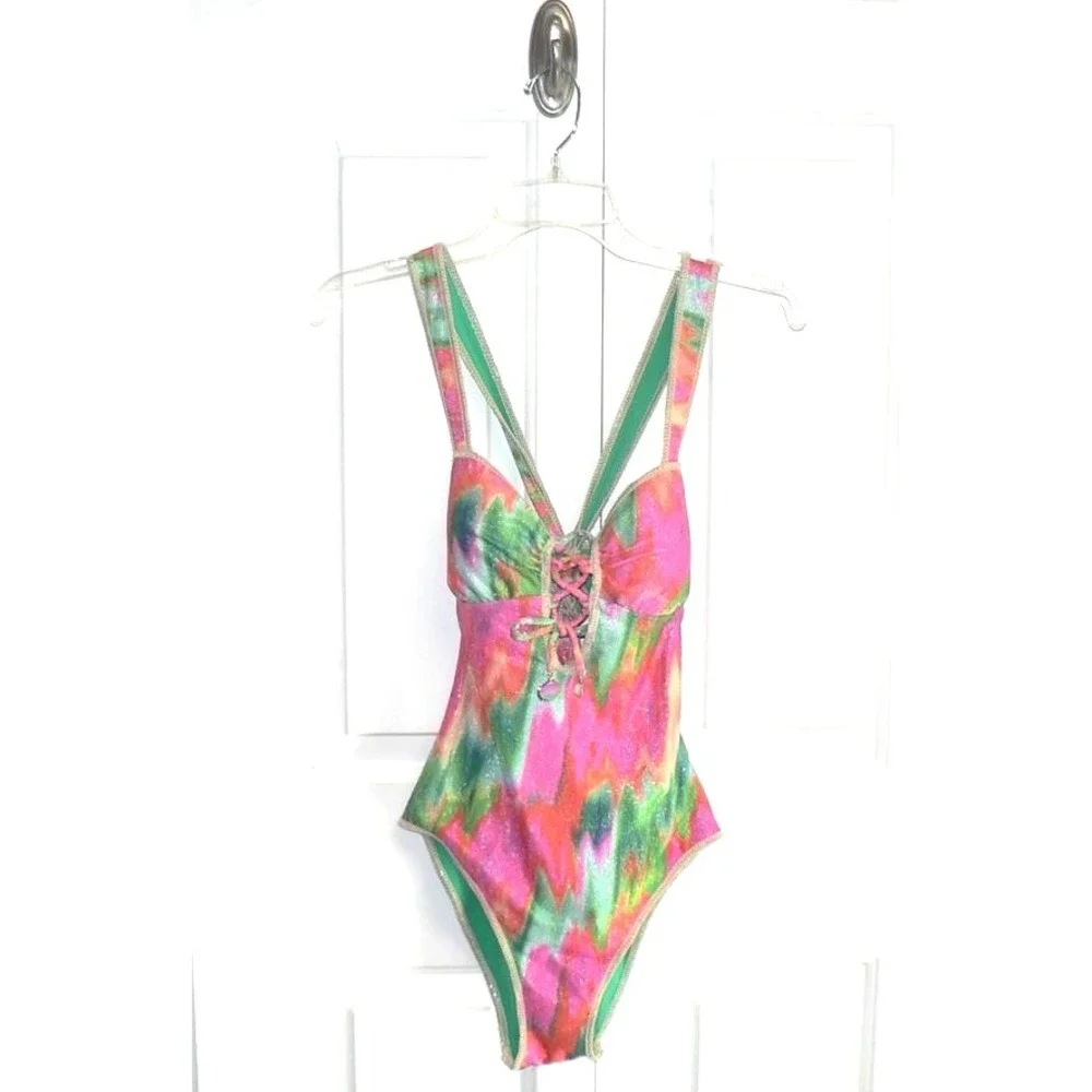 BECCA by Rebecca Virtue Women's Mirage Metallic Lace-Up One-Piece Swimsuit Small